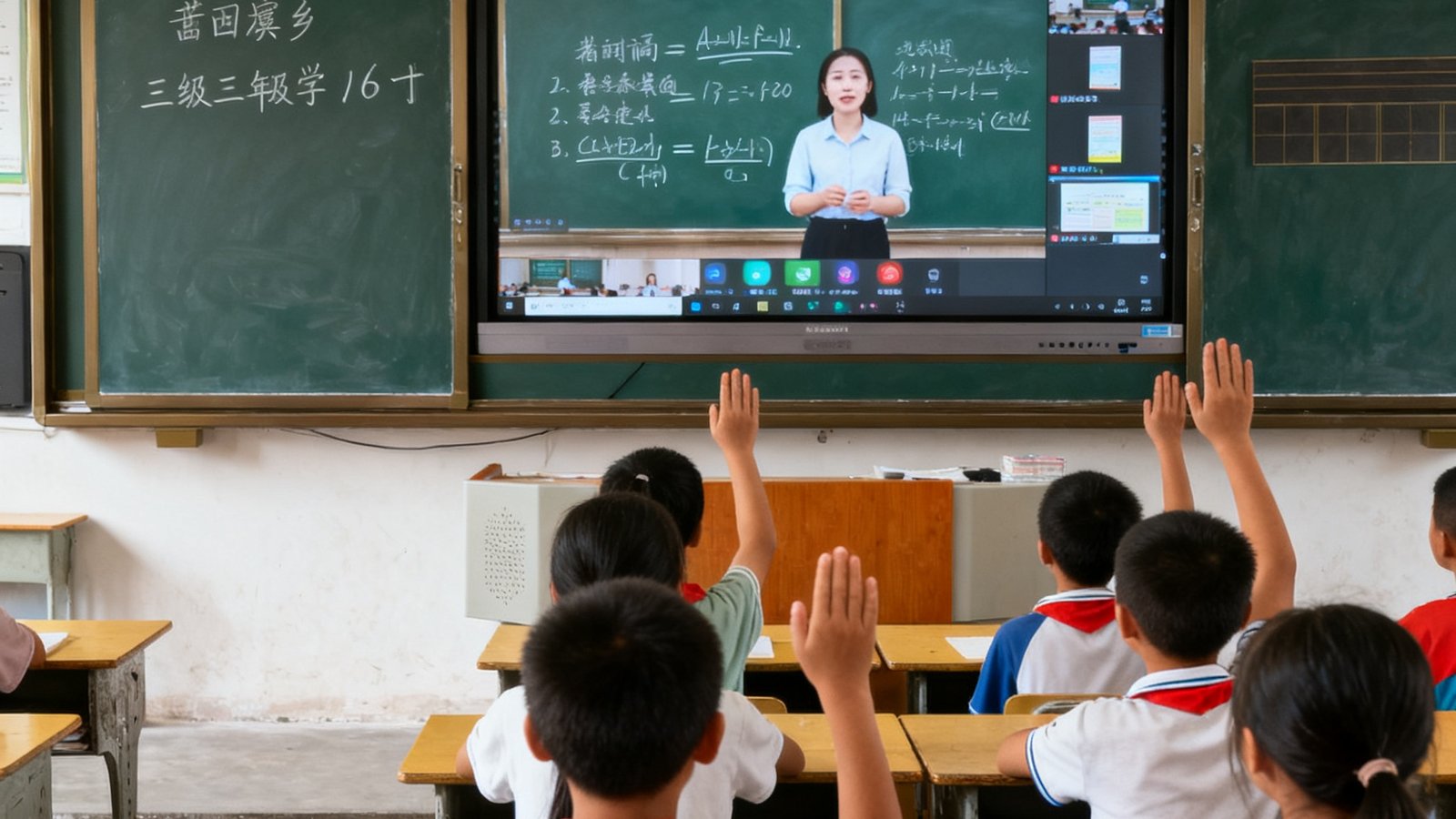 湘西花垣县排碧乡中心小学三年级学生通过PT视讯专递课堂系统同步接收县城名师语文课，教室前方86寸大屏幕清晰显示远程教师的板书与课件，本地学生正举手准备回答问题，画面光线明亮自然。