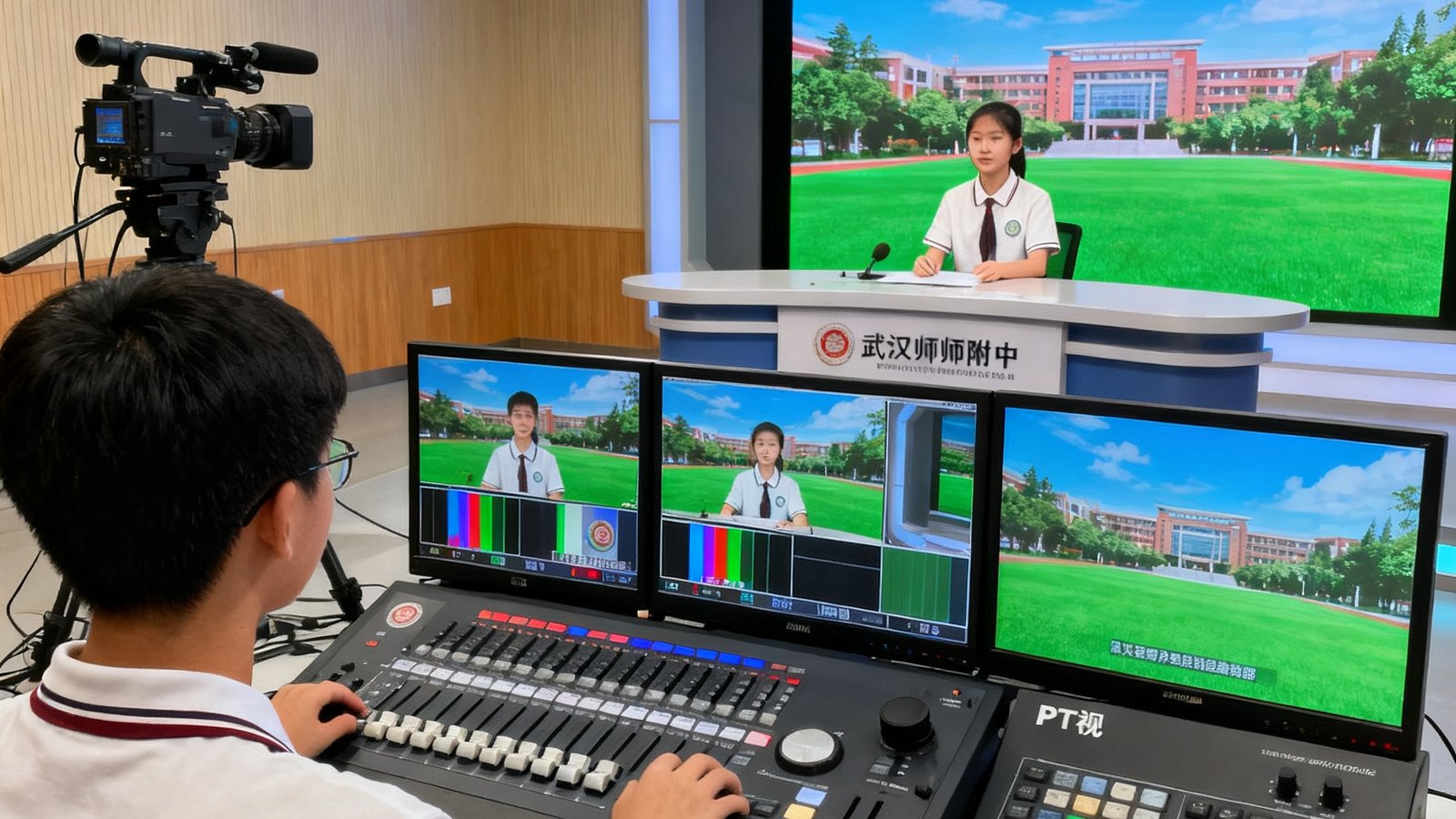 武汉华师一附中校园电视台演播室内景，学生主持人坐在虚拟绿幕前播报校园新闻，导播间内另一名学生操作PT视讯导播切换台，多画面监看屏幕上同时显示三路摄像机信号和一路虚拟合成画面。