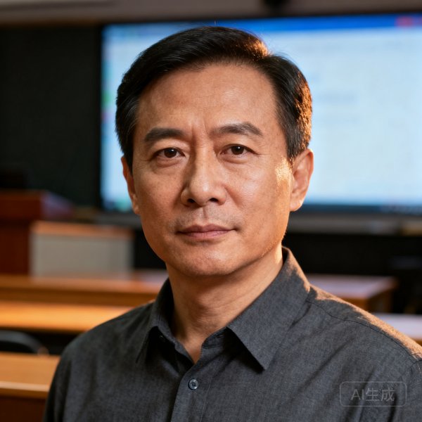 PT视讯创始人兼CEO陈志远半身肖像照，40岁左右男性，穿着深灰色衬衫，背景为智慧录播教室模糊化的讲台区域，表情沉稳自信，眼神坚定。